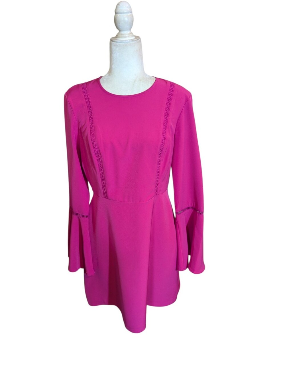 Fuchsia Pink Bell Sleeve Long-Sleeve A-Line Crochet Accents Dress Sz L